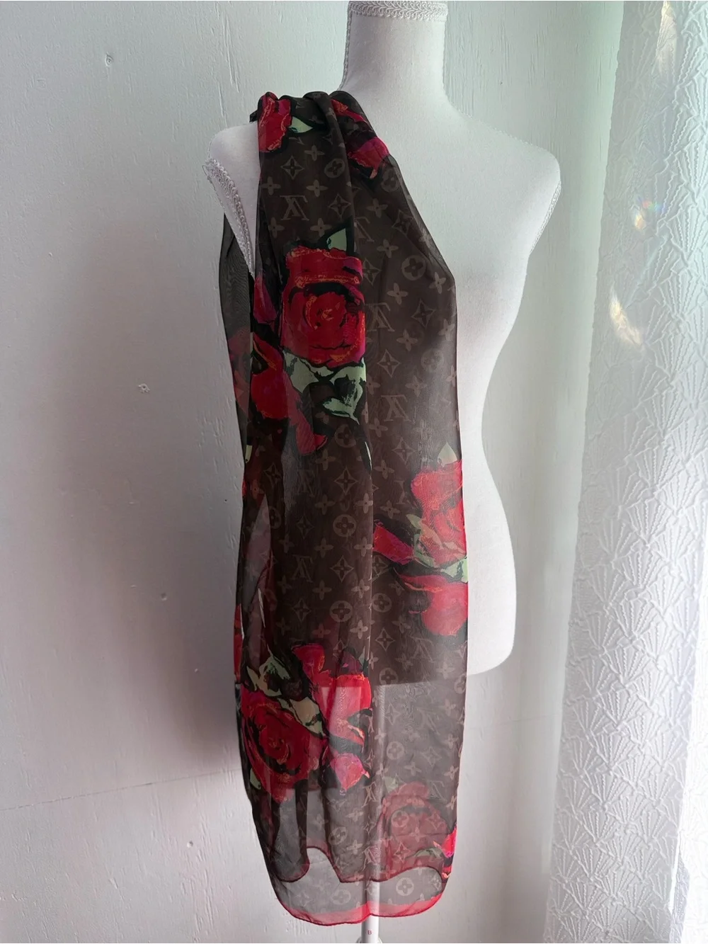 Louis Vuitton Brown Scarf with Red Rose Print